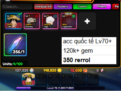 Lv70+ 120k+Gem 340 Reroll